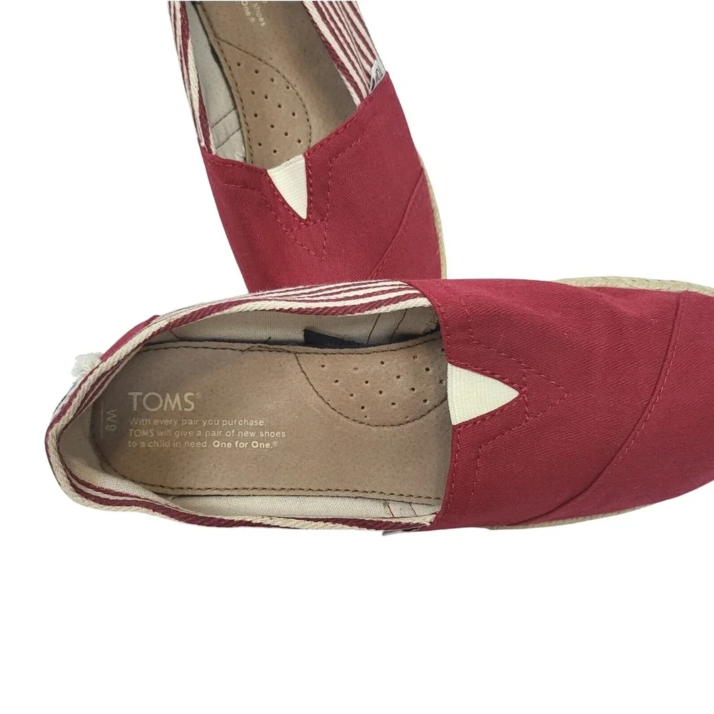 Toms Womens Red White‎ Stripe Slip On Espadrilles Canvas Nautical Shoes 9 Casual